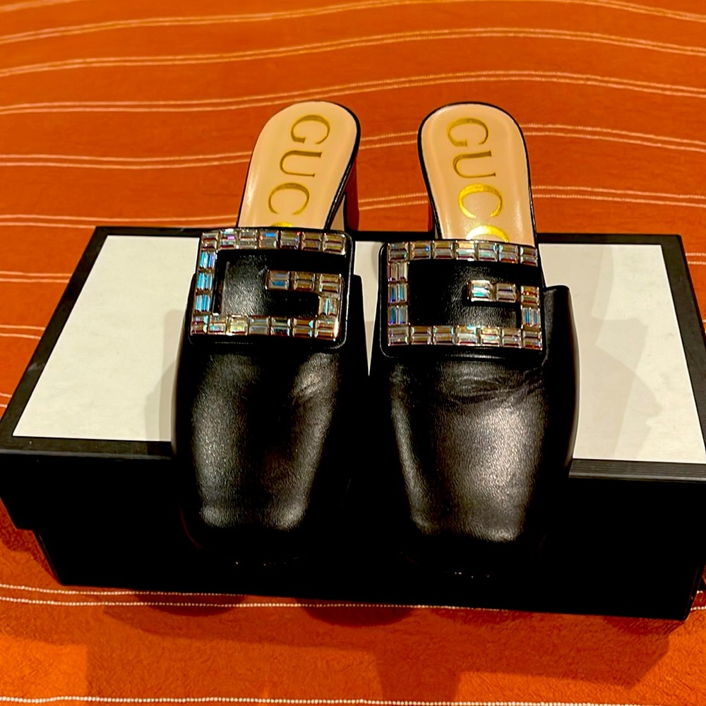 New GUCCI Crystal GG Logo Black Block Heel Mules 38